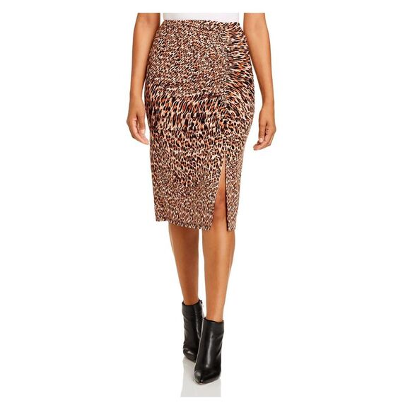 KENNETH COLE Womens Brown Stretch Slitted Ruched Below The Knee Pencil Skirt L - Picture 1 of 2